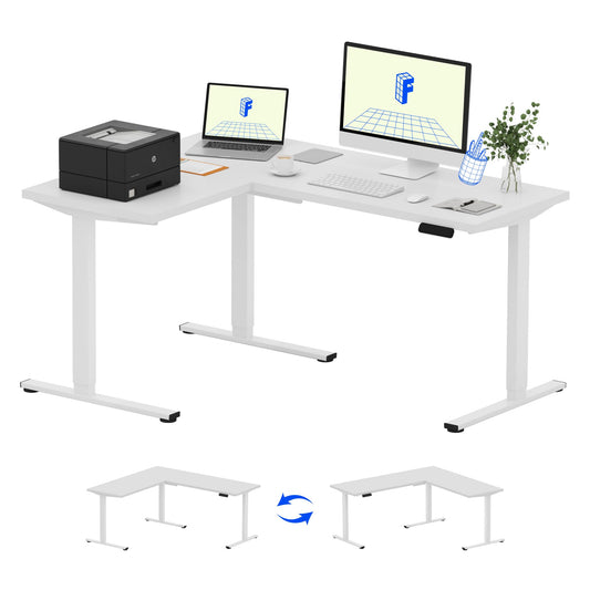 FLEXISPOT 63 x 47 Inch 3-Leg L Shaped Standing Desk, Electric Height Adjustable Sit Stand Corner Desk, Computer Workstation with Preset Controller for Home Office, White Frame with White Top