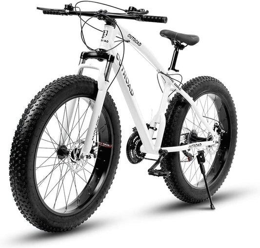 Outroad Mountain Bike Fat Tire with 4-Inch Tire 26 inch Wheels, 21 Speed with High Carbon Steel Frame, Double Disc Brake and Front Suspension Anti-Slip Bikes for Men and Women, White