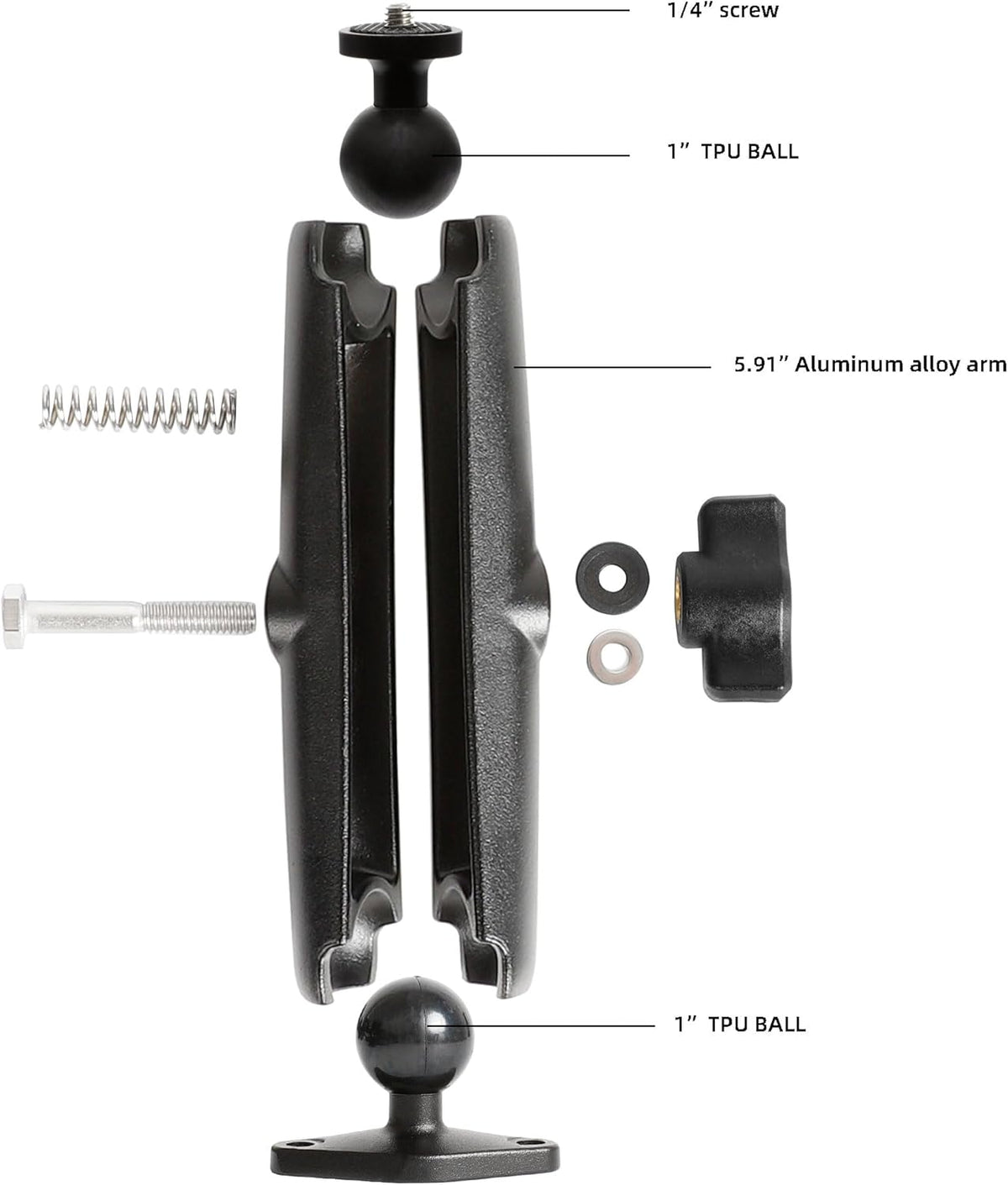xik 1/4"-20 5.91 inch 1" Heavy Duty Thread Mount: Aluminum Long Arm with Double Ball Head & Ball- Rhombic Base - Fits