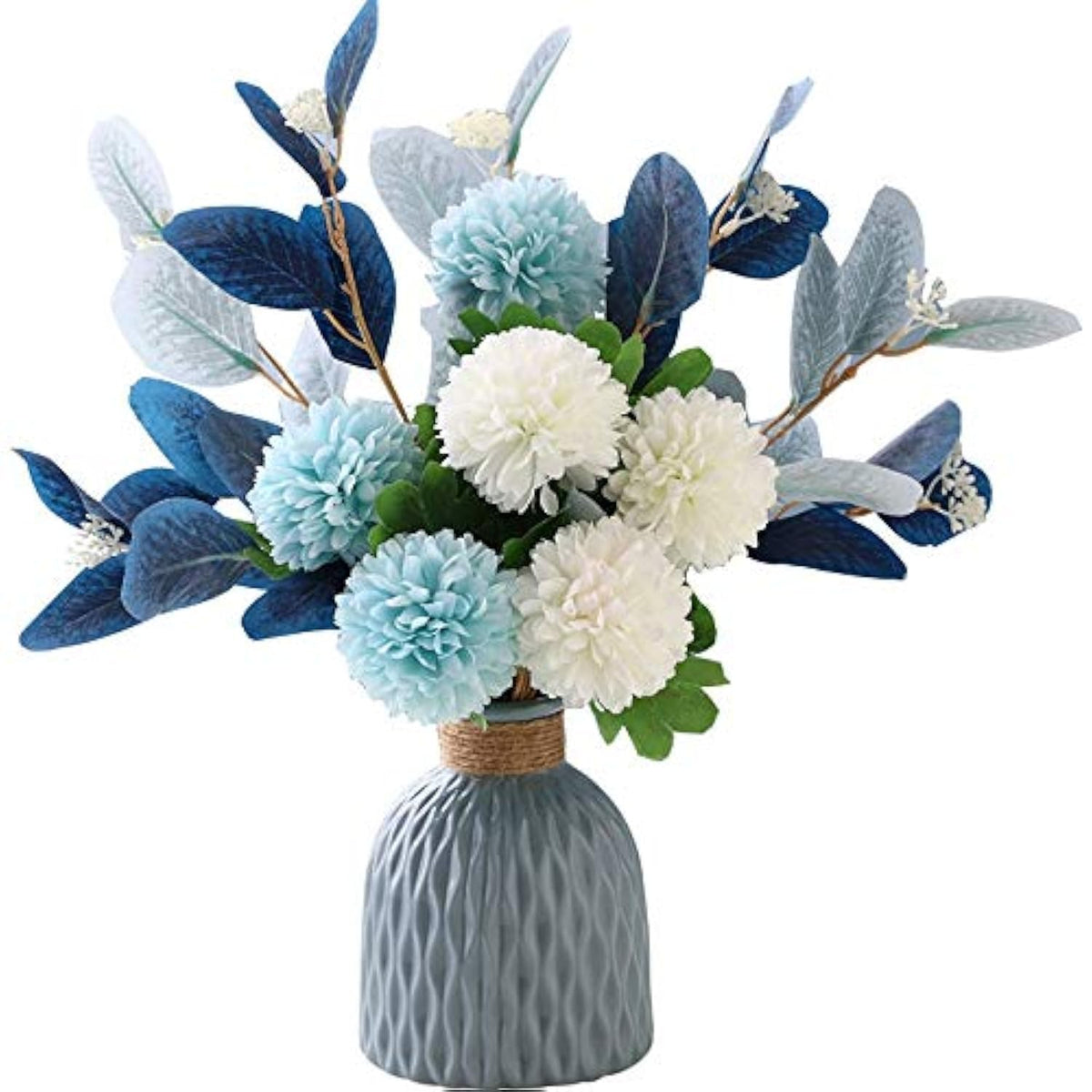 NAWEIDA Artificial Flowers with Ceramic Vase Faux Hydrangea Flower Arrangements Table Centerpieces for Home Garden Party Wedding Decoration