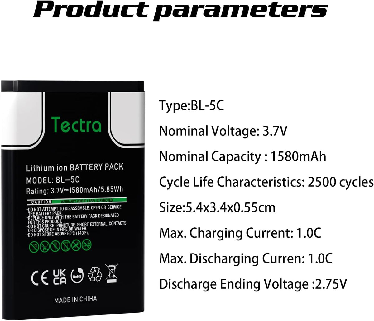 Tectra 2-Pack BL-5C 1580mAh Rechargeable Batteries