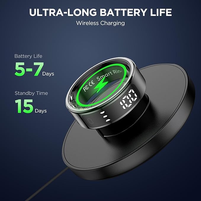 Smart Ring Health Tracker with Display Screen, Sleep Tracker Ring with Heart Rate, Fitness Ring Step tracker for Activity Monitoring/Steps/Calories,Wireless Charging, for iOS Android (Silver,13#)