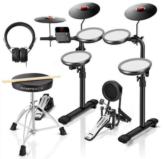 HAMPBACK MK-0 PRO Electric Drum Set with 7'' Mesh Drum Pads, 8'' Full Rubber Cymbals, 5'' Bass Drum, 12 Kits and 68 Authentic Sounds, USB MIDI, Throne, Sticks, Headphone, Suitable for Beginners & Kids