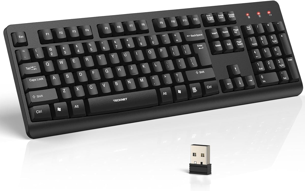 TECKNET 2.4G 11/10/8/7 Wireless Keyboard, Silent Full-Size USB Keyboard with Number Pad, Ergonomic Keys & Adjustable