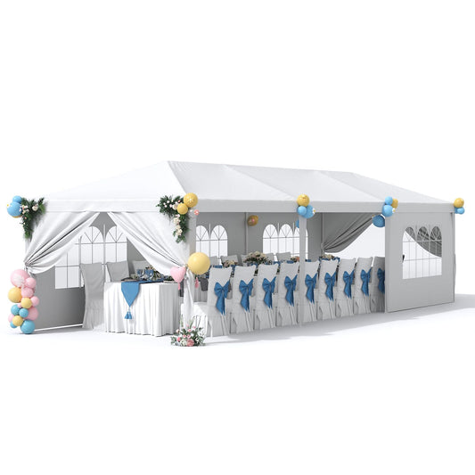 Greesum 10x30 Outdoor Canopy with with 6 Side Removable Walls, Upgrade Patio Camping Heavy Duty Gazebo Shelter for Party Wedding BBQ Events, Waterproof Tent, White