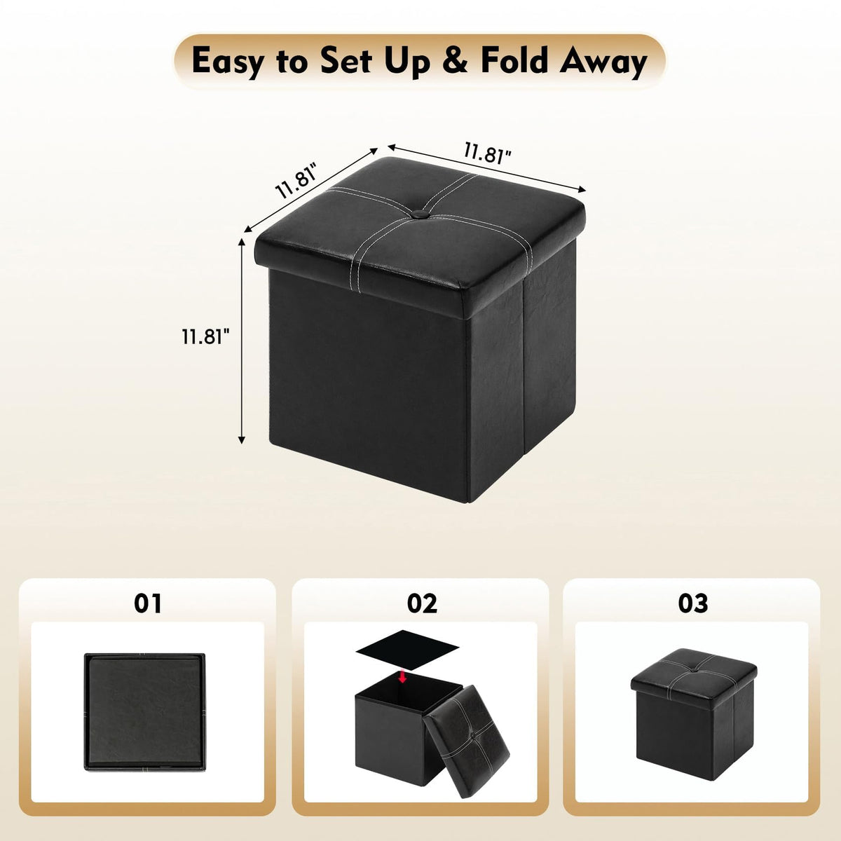 B FSOBEIIALEO Storage Ottoman with Faux Leather Foldable Small Square Foot Rest Coffee Table Black 11.8"X 11.8" X 11.8"