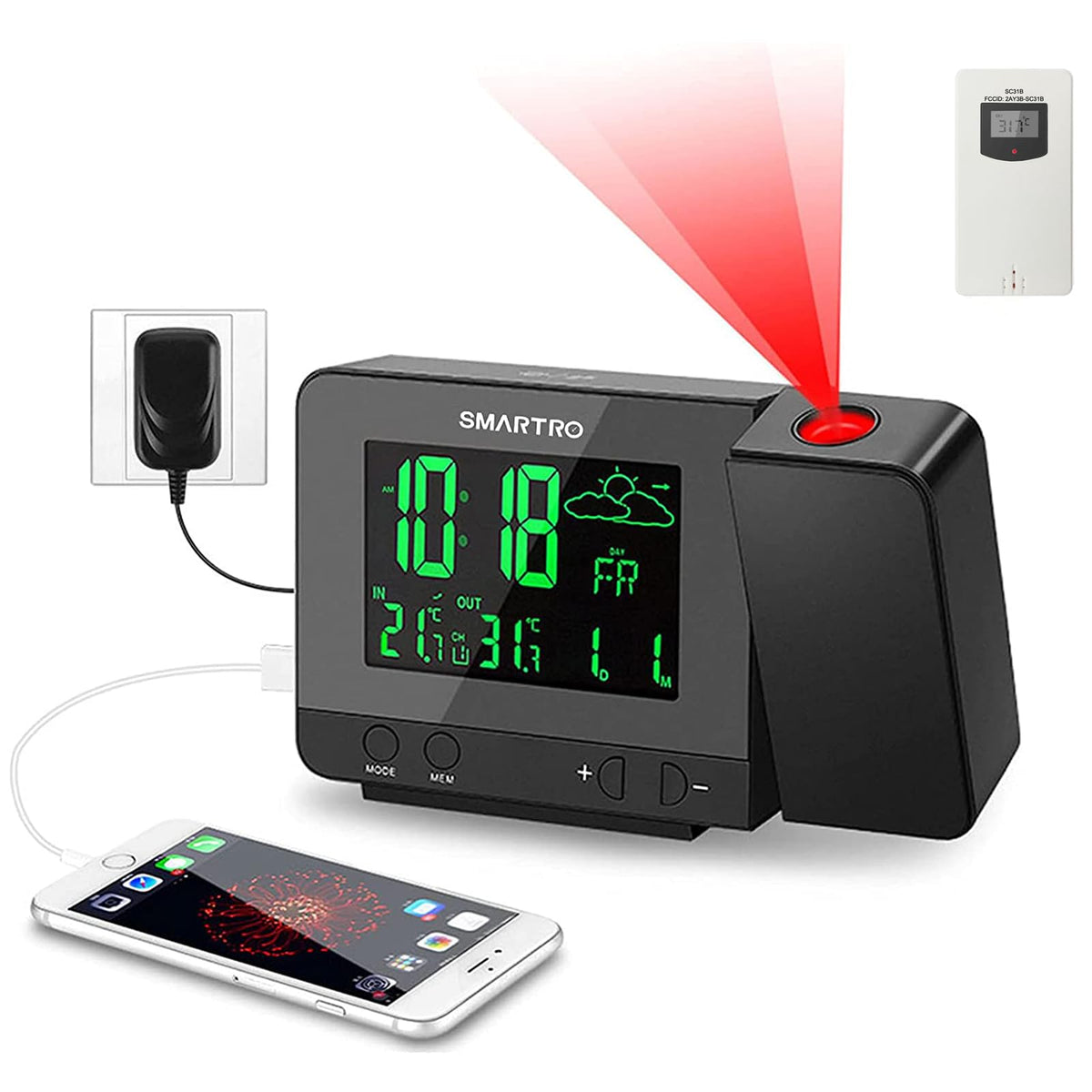 SMARTRO SC31B Digital Projection Alarm Clock with Weather Station, Indoor Outdoor Thermometer for Bedrooms, USB Charger, AC Battery Operated