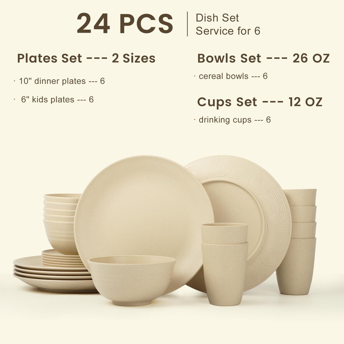 Homienly 24 PCS Premium Wheat Straw Dishes Set for 6, Reusable Plates and Bowls Sets,Cups,Lightweight & Unbreakable Dishwasher and Microwave Safe Dinnerware Sets for Kitchen,Outdoor- Beige