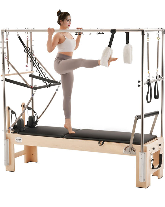 VEVOR Pilates Reformer, Wooden Pilates Machine for Home Gym Studio, Strength Training Workout Equipment with Dual Resistance, Reformer Box, Jump Board, for Advanced Users and Beginners, Up to 400 LBS