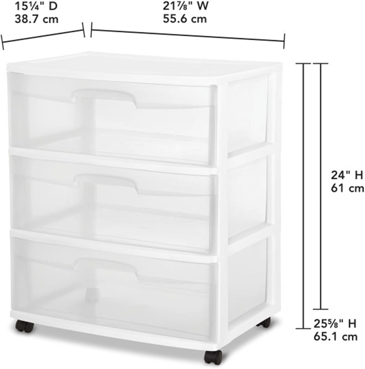 Sterilite Wide 3 Drawer Storage Cart - Rolling Plastic Organizer with Wheels | White & Clear Drawers