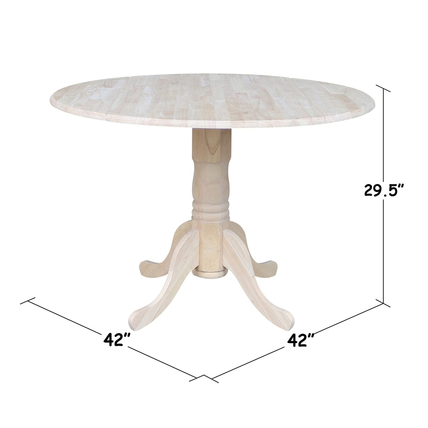 IC International Concepts, Round Dual Drop Leaf Pedestal Dining Table, Solid Real Wood, Sturdy Parawood, Dimensions 42"D x 42"W x 29.5"H, 40lbs Capacity, Paint/Stain Ready, Unfinished