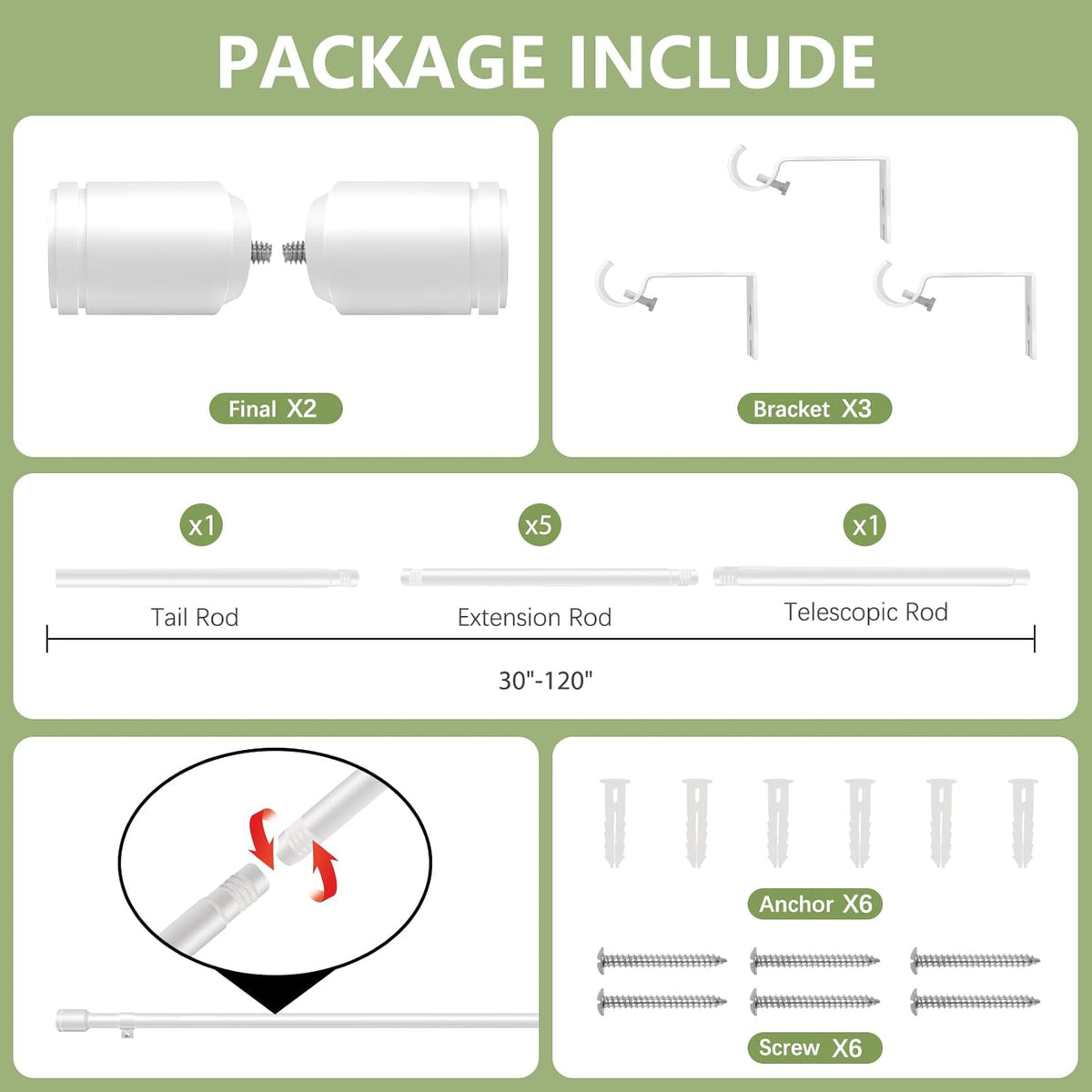 Adjustable 5/8” Diameter Curtain Rods by [Brand Name] | 30-120 Inch for Windows with Brackets