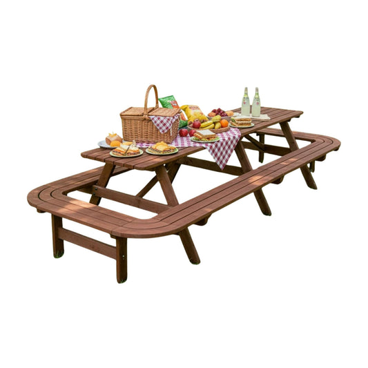 Voryvans 16 Person Wood Picnic Table with Attached Benches & Umbrella Hole,Rectangle Brown Outdoor Wooden Dining Table & Chairs for Patio Yard Garden Porch Deck