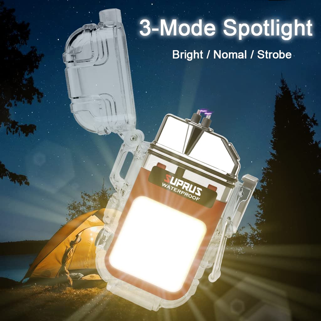SUPRUS Waterproof 3 Modes of Flashlight Windproof Lighter Dual Arc Electric Rechargeable Dual Arc Plasma Lighter with Survival Emergency Whistle and Lanyard (Red)