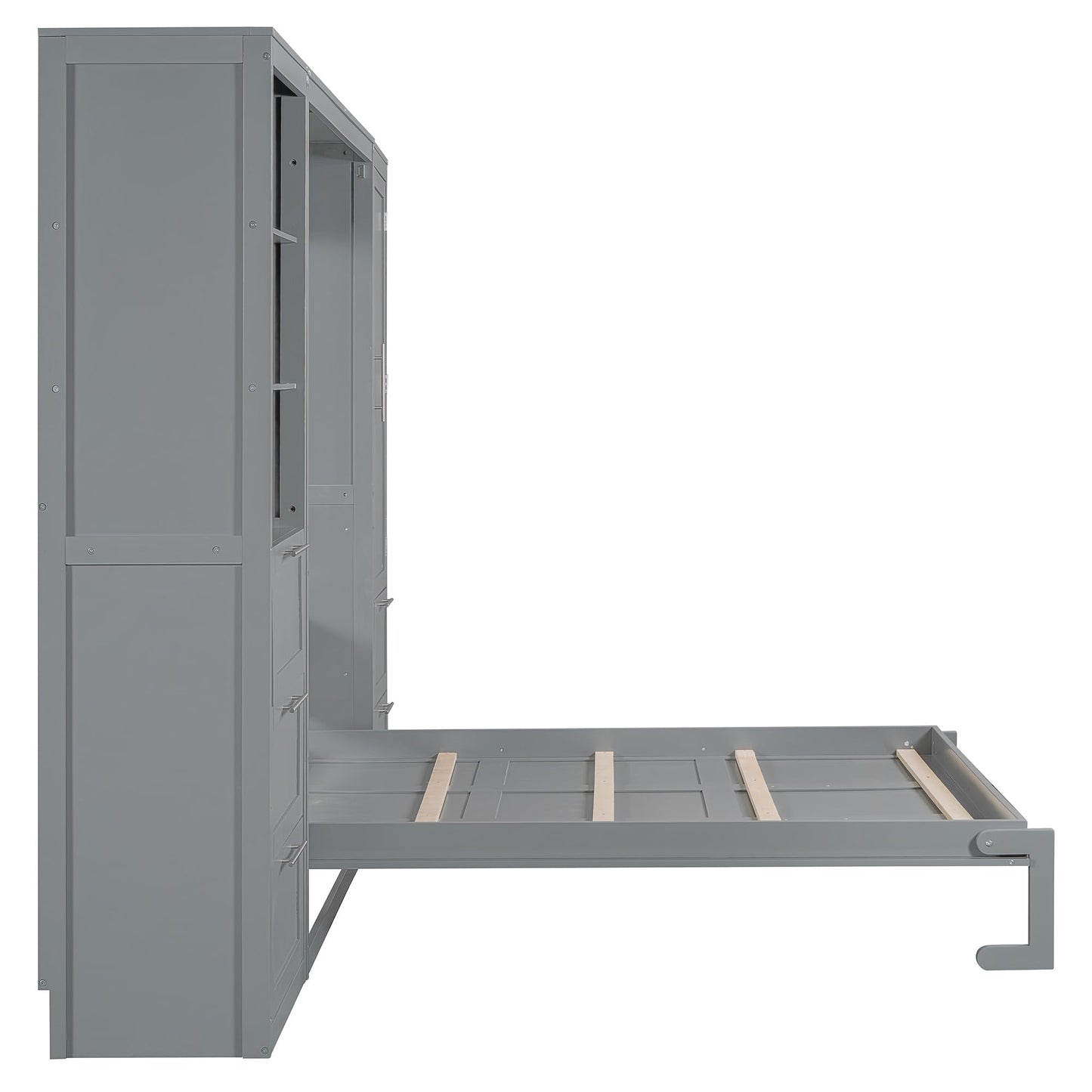 Merax Murphy Bed Queen Size, Built-in Shelves, Storage Drawers and Wardrobe, Wood Folding Wall Bedframe for Guest Room, Home Office, Grey