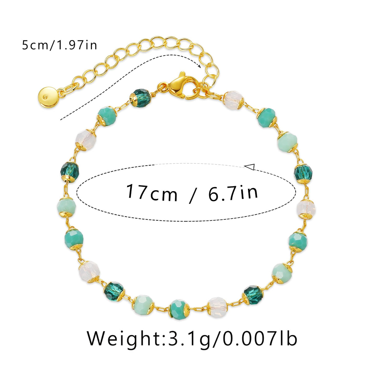 LSxAB Dainty Green Bracelet for Women Adjustable 18K Teal Gold Plated Simple Curb Figaro Chain Statement Mom Wife Birthday Anniversary