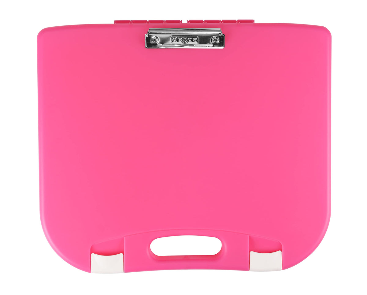 DEXAS Portable Lap Desk with Storage, Integrated Handle, Exterior Wire Clip, 18”x 15.25”x 1.38” Pink w/White Latch