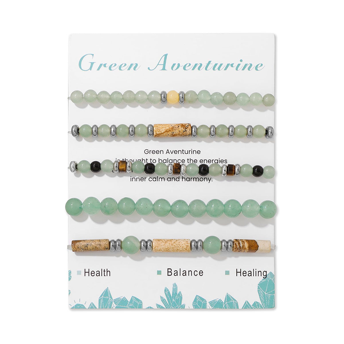 Lit Wall 5Pcs Green Jade Bracelet Set - Stackable Beaded Bracelets - Stretch Bracelets for Women - 4mm & 6mm Jade Beads - 19cm/7.48 in - Green Aventurine