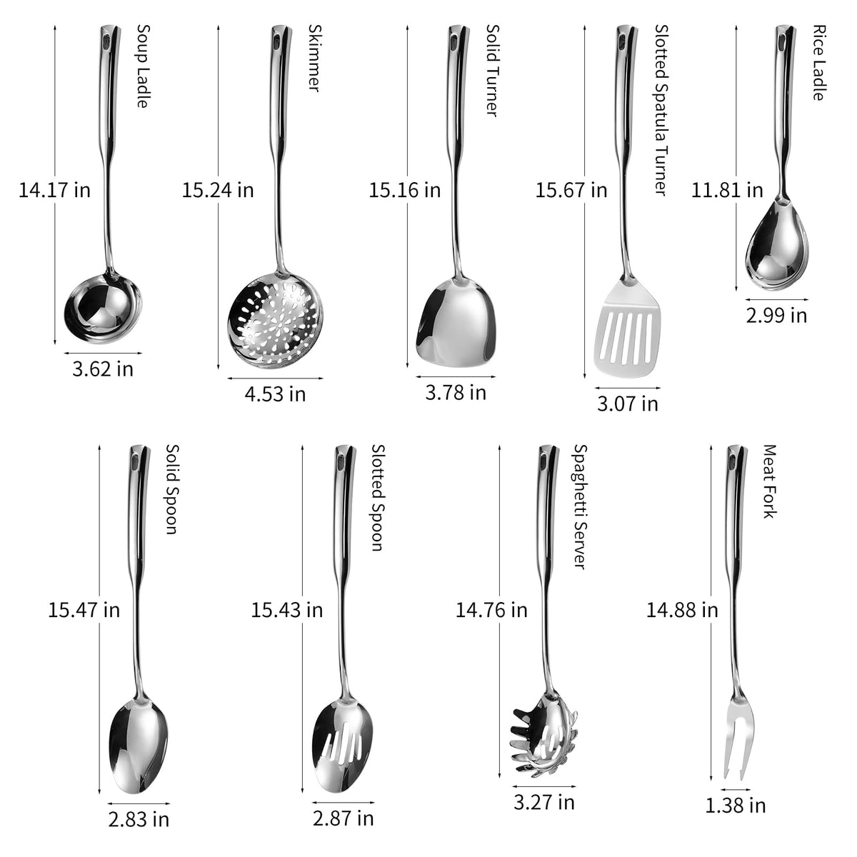 304 Stainless Steel Kitchen Cooking Utensils Set - 9 PCS Serving Utensils, Include Skimmer, Soup Ladle, Spaghetti Server, Wok Spatula, Slotted & Solid Spoon, Slotted Spatula Turner, Meat Fork (Silver）
