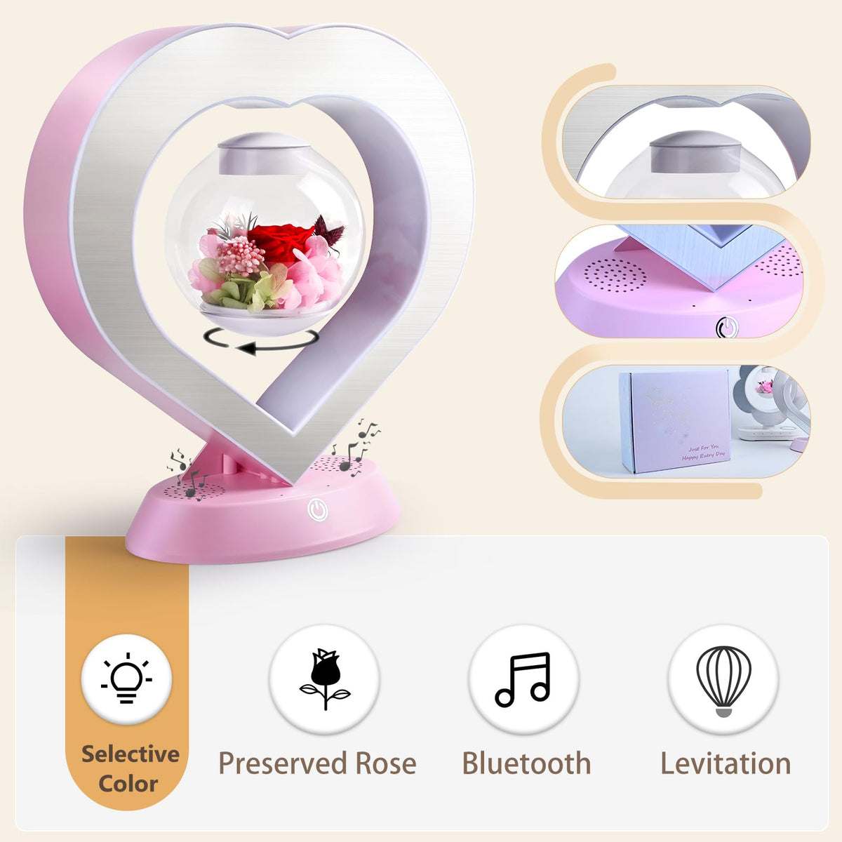 LoveLin Heart Preserved Rose Flowers with Bluetooth Speakers, 5W Pink Magnetic Levitation Table Lamp with Variable Color LED Light, Unique Forever Flower Gift for Women, Girls, Mother and Grandma