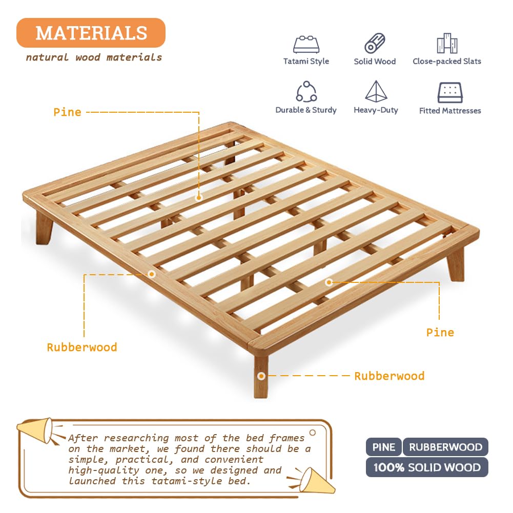 NELYE Twin Platform Bed Base - 14 Inch Solid Wood Mattress Foundation with Support Slats and Legs, Twin-Size Rubberwood Simple Bed Frame