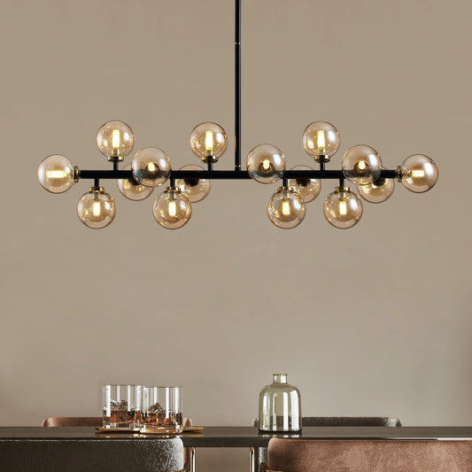 APBEAMLighting Mid Century Modern Chandeliers for Dining Room, 39" Linear Pendant Light Fixtures with Amber Glass Globe, 16-Light Sputnik Hanging Light for Living Room Kitchen Island