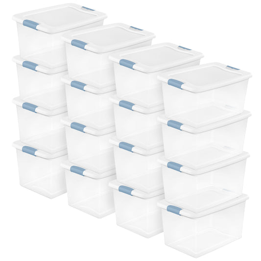 Sterilite 16 Pack Latching Box, 64 Qt Plastic Storage Container, Stackable Large Home or Office Tote Organizers with Secure Lids, White
