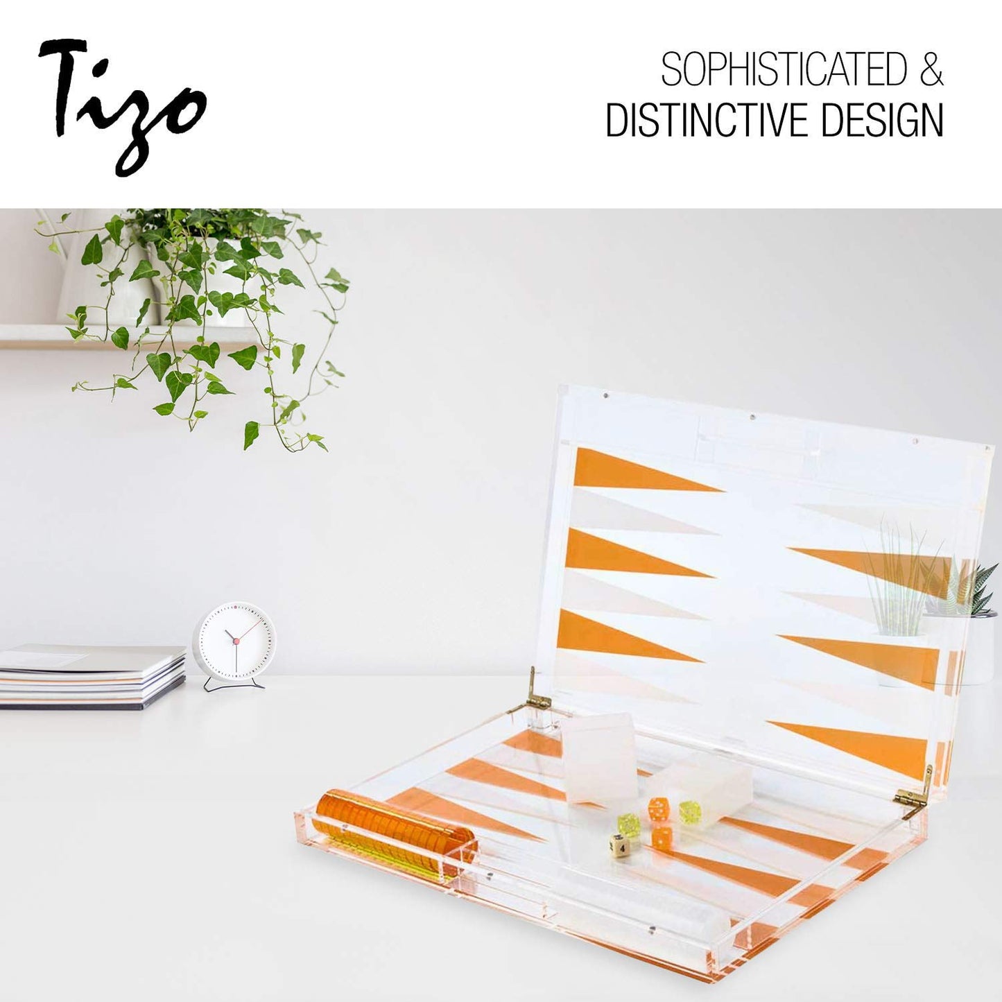 TIZO Elegant 18” Lucite Backgammon Set, Lucite Chips & Cups with Magnetic Closure, Elegant & Practical Boutique Quality Home Décor, Clear, Blue & White