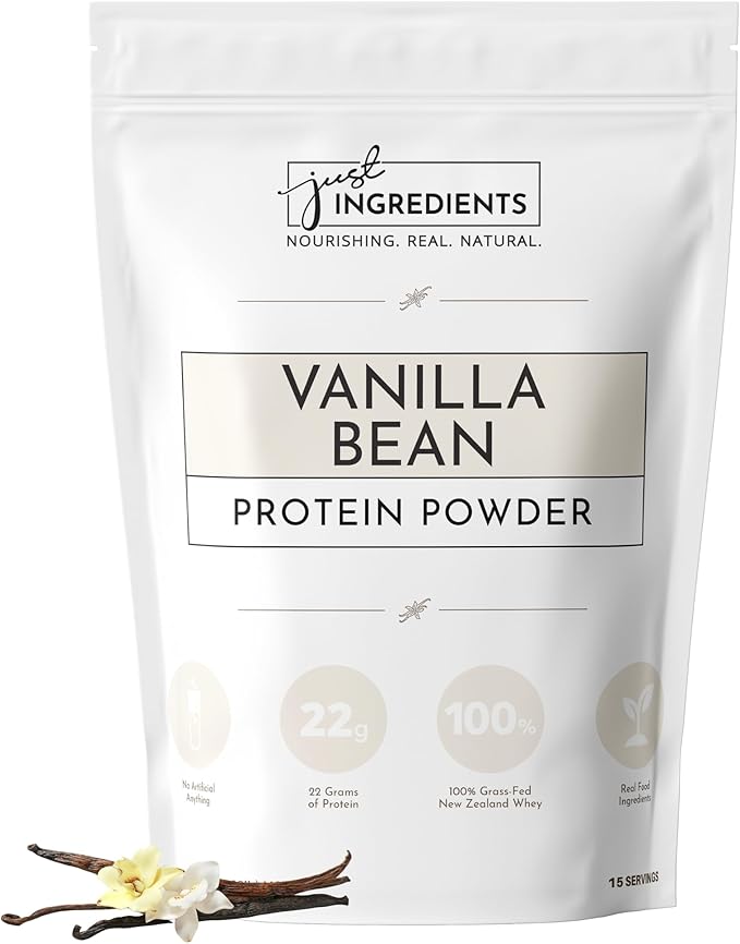 JUST INGREDIENTS Protein Powder | Vanilla Protein Powder Made with 100% Grass Fed, Non Denatured Whey | Four Different Protein Sources from Organic Whole Food Ingredients | 15 Servings | 22g Protein