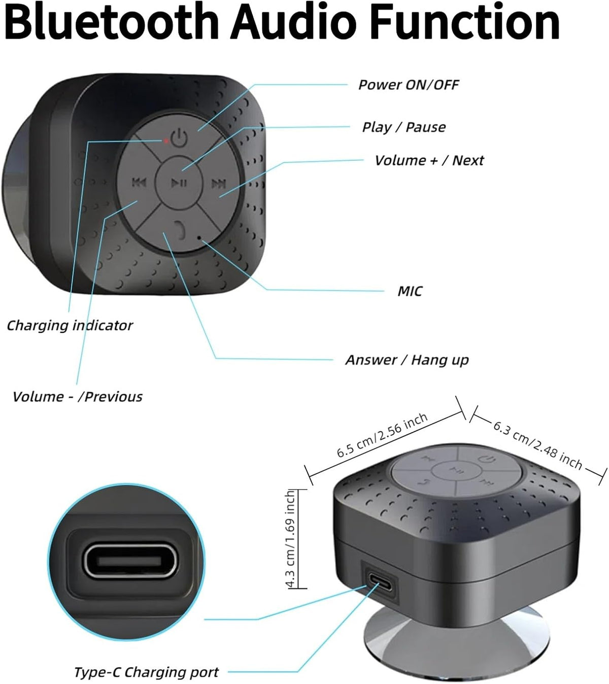 Densleonis Portable Bluetooth Shower Speaker, Wireless Water-Resistant Speaker with Suction Cup Bathroom Speaker