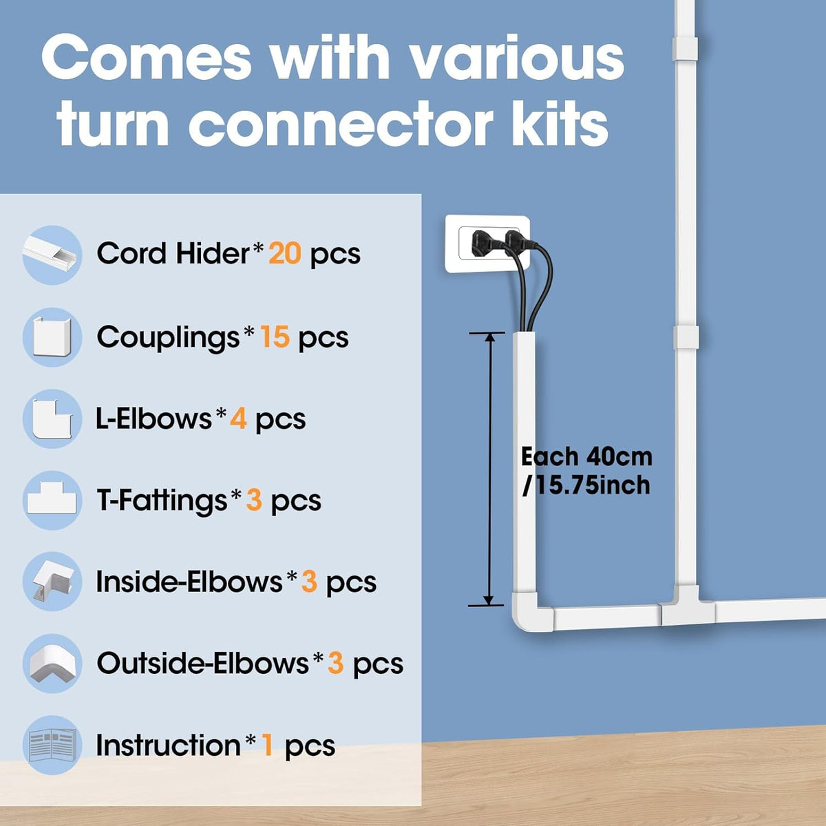 YesBes 315in 20X L15.7in W0.96in H0.57in, Cord Hider Kit, Paintable Cable Raceway, Cord Covers for Wires on Wall, Cord