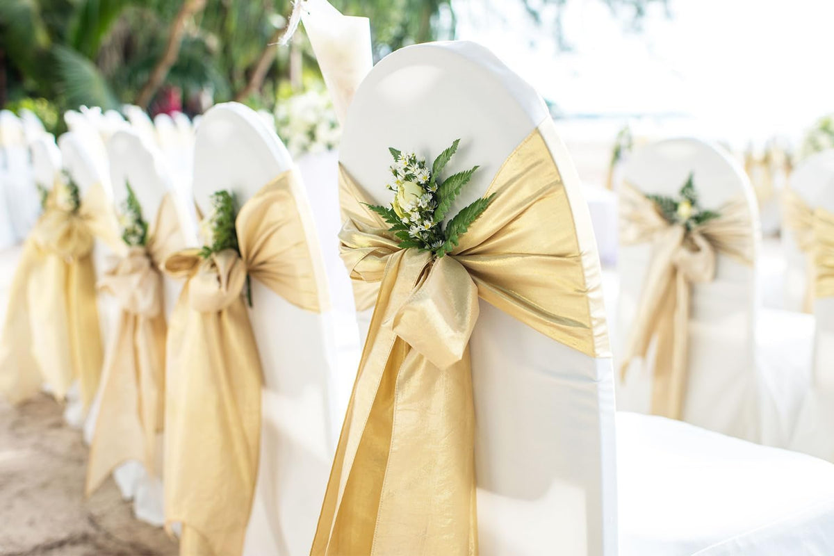 Skiennix Wedding Satin Gold Chair Sashes - 50 Pack Fitted Ribbons for Parties & Events | 7x108 Inches