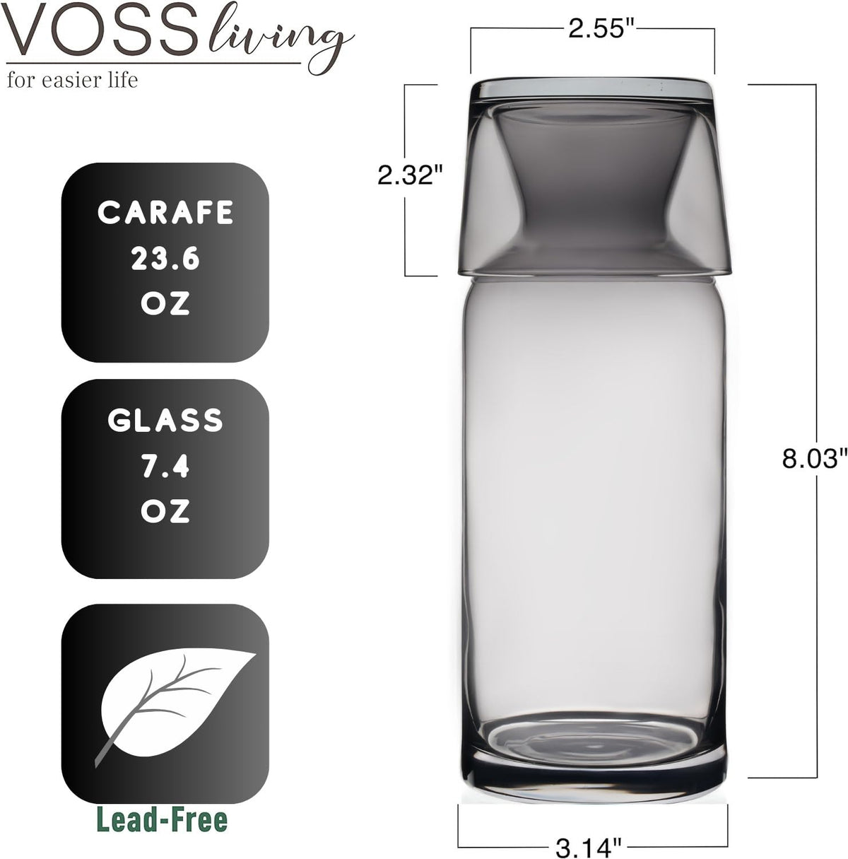 VOSS Living - Bedside Water Carafe and Glass Set, 23.6 Oz - Infused Pitcher for Nightstand, Mouthwash Decanter Bottle(Ivory Black)