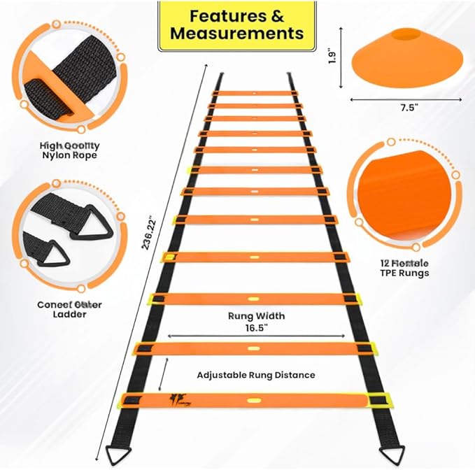 20ft Sports Agility Ladder for Men Women and Kids, Speed Youth Soccer Agility Training Equipment for Football, Exercise, Tennis, Legs Workout with Speed Parachute, Cones and Carry Bag