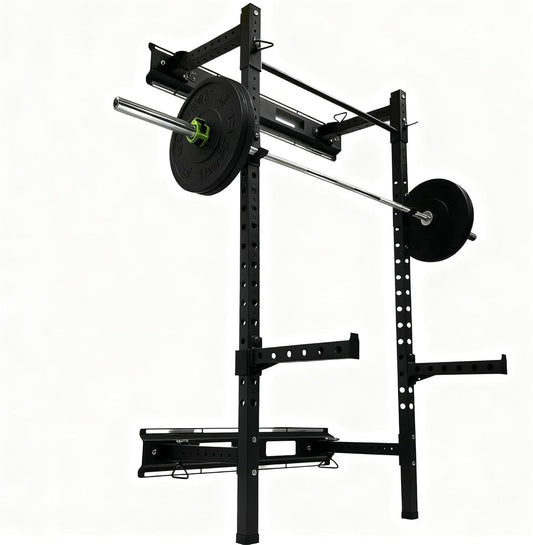 Fitvids Steel Folding Wall Mounted Power Rack Cage with Attachment Accessories - J Hooks and Height Adjustable Pull Up Bar