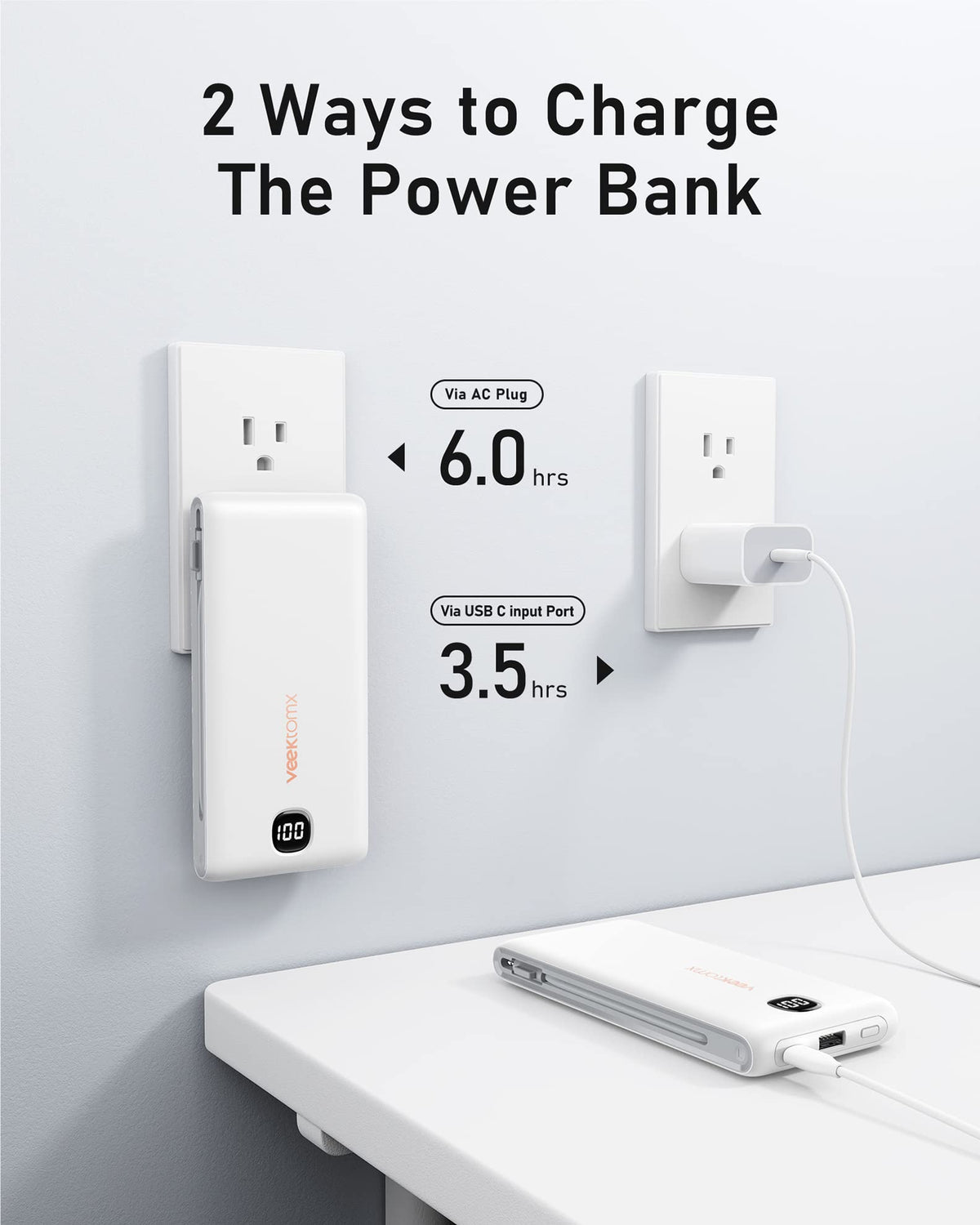 VEEKTOMX Portable Charger with Built in Cables 10000mAh, Power Bank for iPhone with AC Wall Plug, Fast Charging USB C Slim Battery Pack with LED Display Compatible with iPhone 17/16/15/14, Samsung