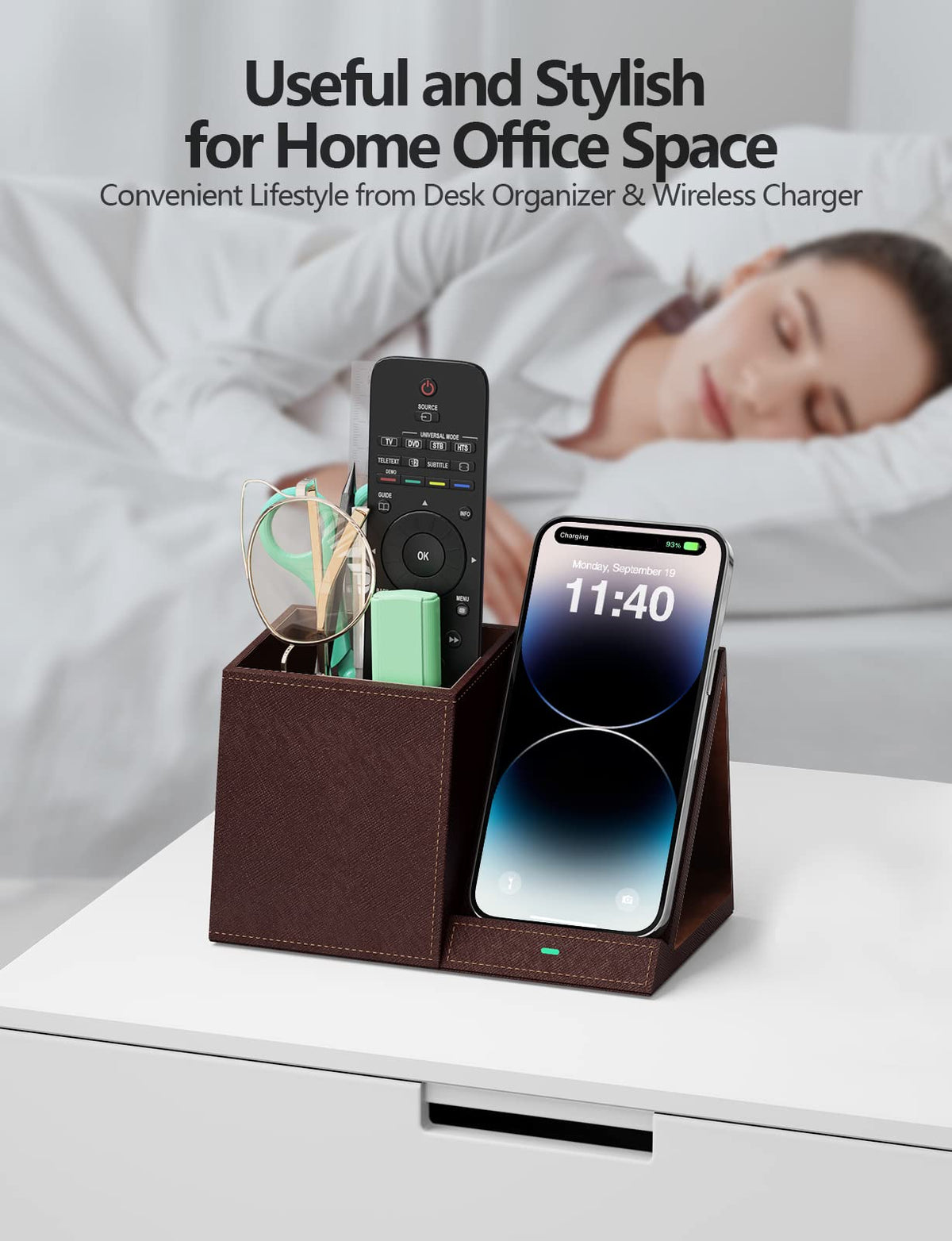 Desk Supplies Organizer, Multi-Functional Pencil Pen Holder with Wireless Charger, Desktop Stationery Organizer, Home Office Supply Storage Box Caddy (Brown)