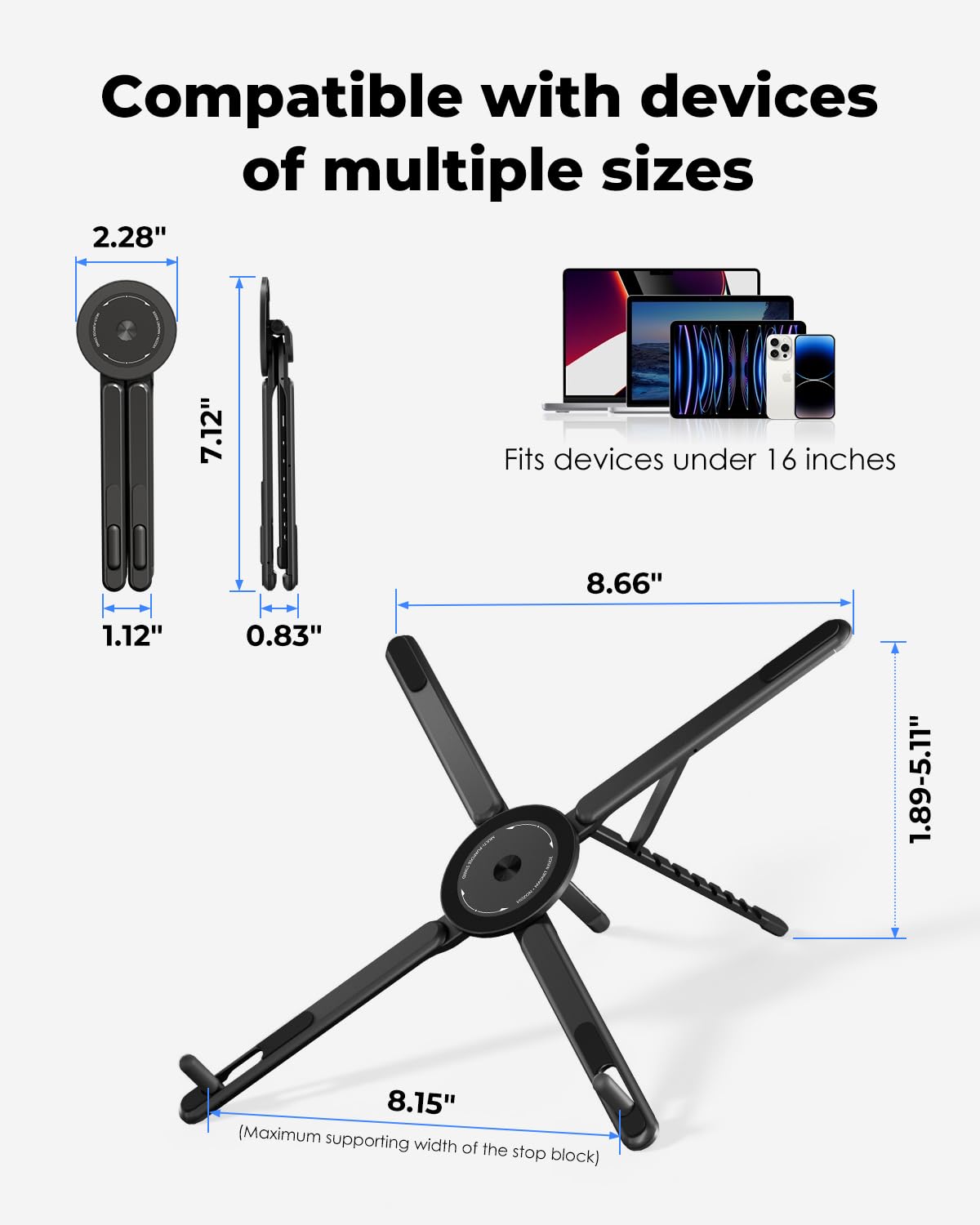 Viozon Portable Laptop Stand for Desk, Foldable Adjustable Computer Riser with Magnetic Phone Holder, Aluminum Laptop Stand for 10–16” Laptops & 4–13” Phones/Tablets (Black)