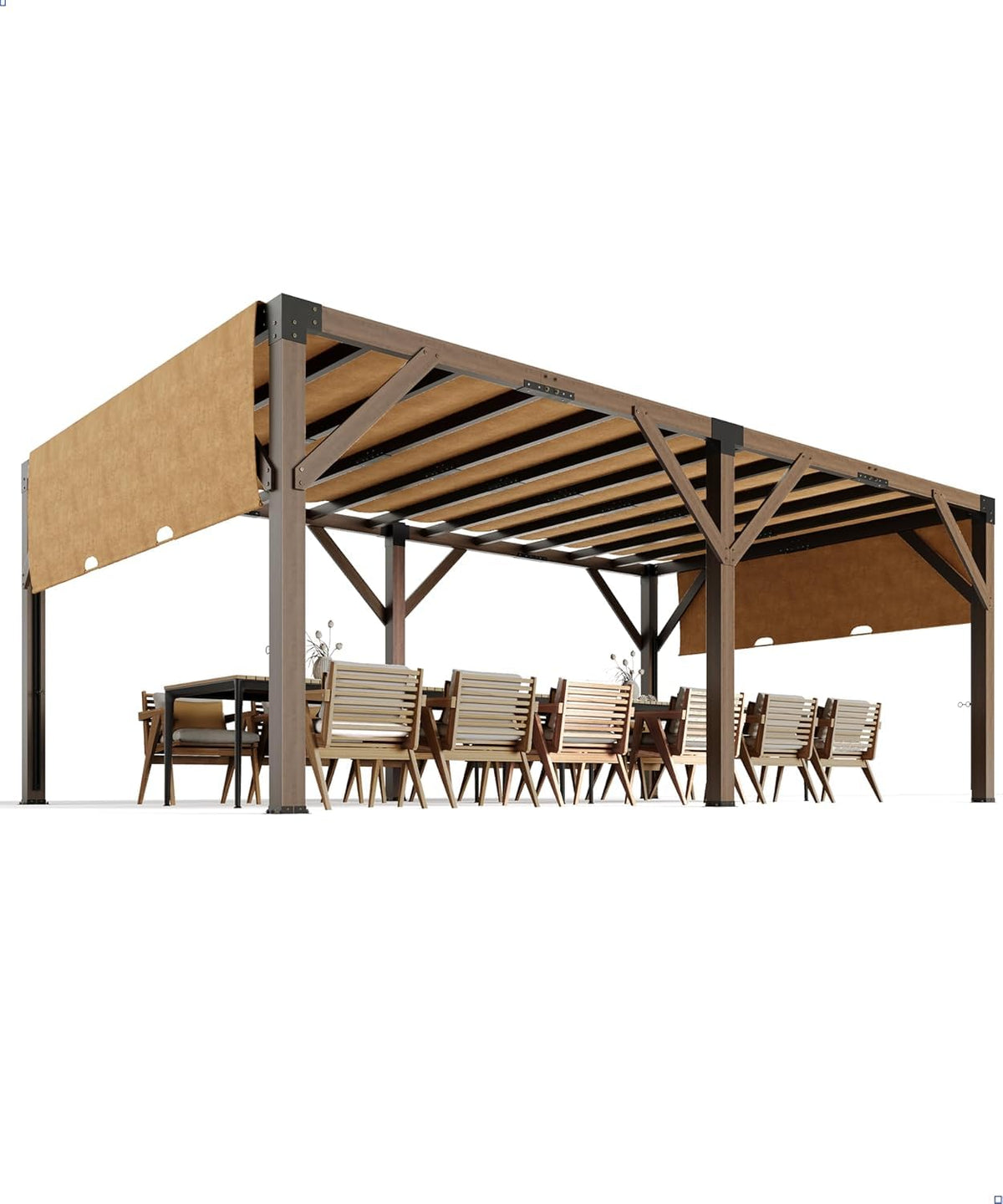 PeakPursuit Durable Cedar Wood Pergola with Retractable Canopy – 12 x 20 ft Sturdy Outdoor Patio Structure, Rot-Resistant, Modern Reddish-Brown Finish – Perfect for Backyard, Deck, Garden – Brown