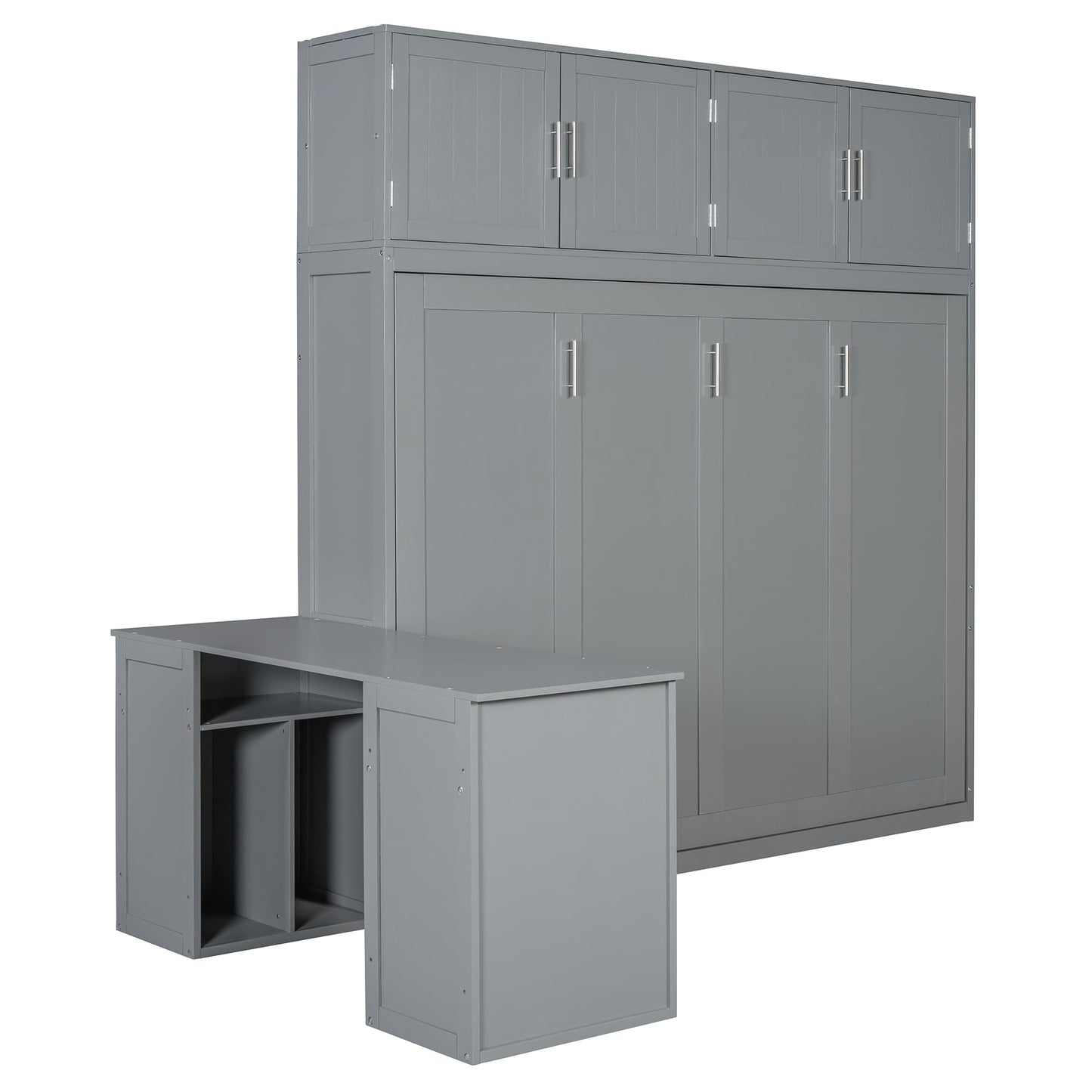 Merax Queen Size Wall Murphy Bed with Desk and Storage Shelves and Big Cabinets for Guest Room, Bed Room, Guest Room, Home Office, Gray