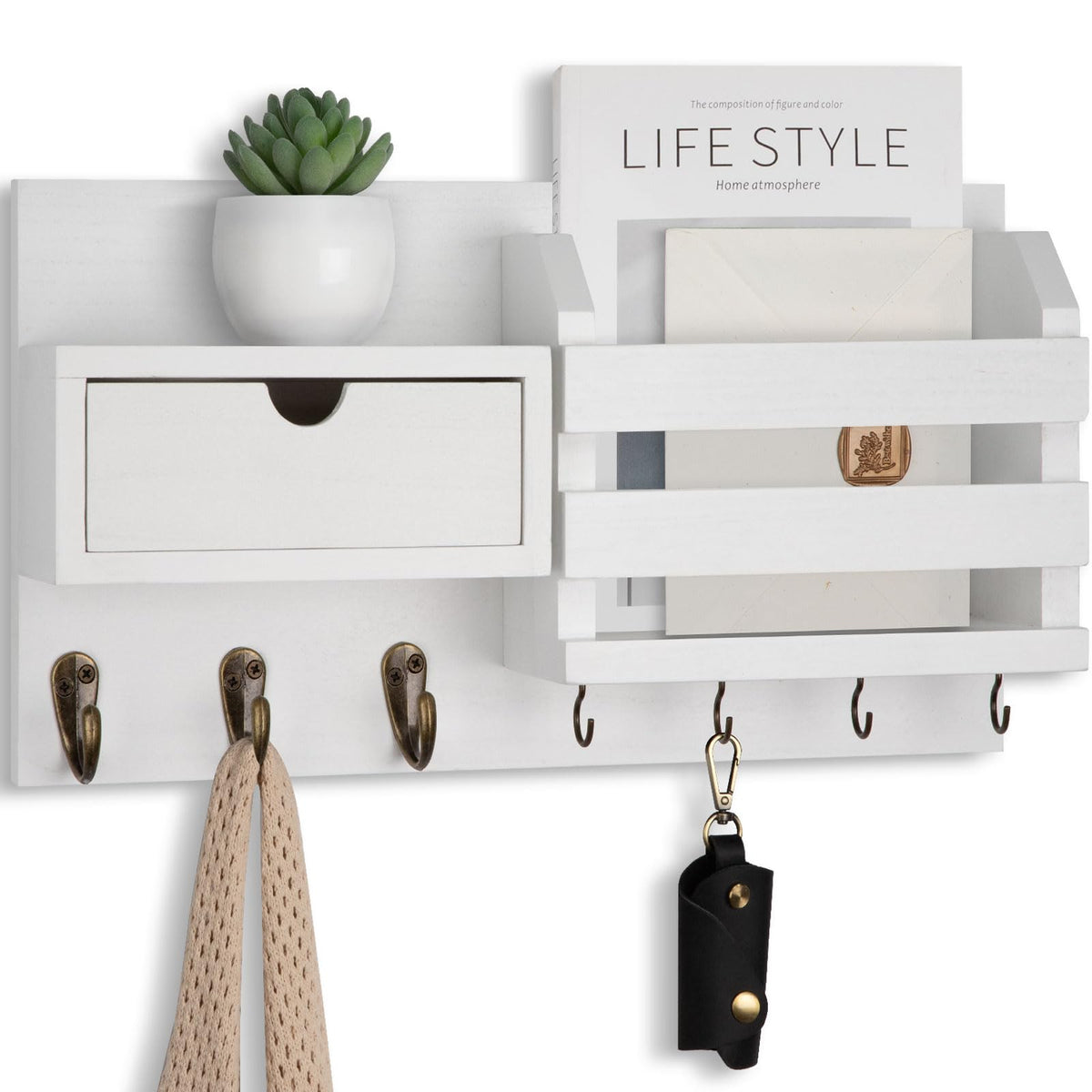 Lwenki Wall Mount Key Holder with Mail Organizer, 100% Paulownia Wood, 7 Metal Hooks, Storage Drawer, Entryway Home Decor (White)