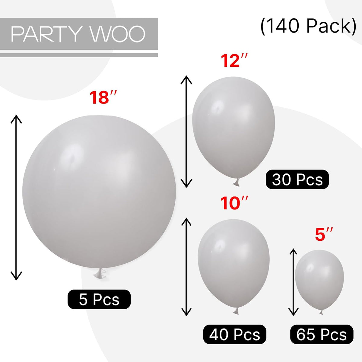PartyWoo Gray Balloons - 140-Piece Matte Gray Latex Balloon Arch Kit for Baby Showers, Graduations & Birthdays