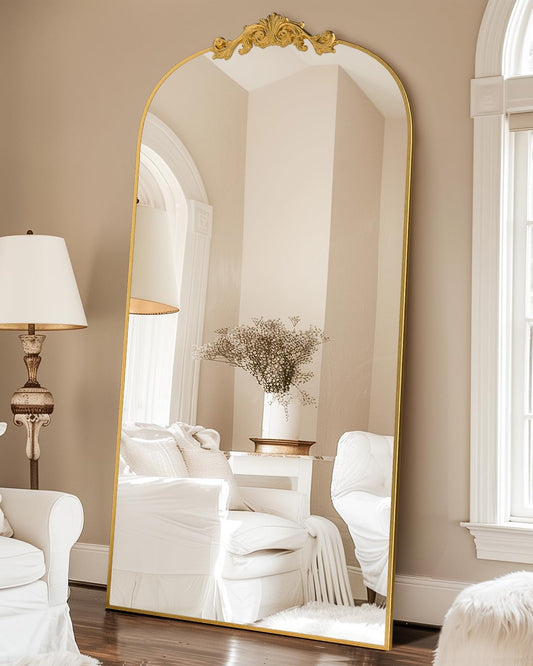 Furnbar Vintage Full Length Mirror,78"x38" Arched Antique Floor Mirror with Carved Metal Frame,Large Standing Wall Mounted or Leaning Mirror for Bedroom Living Room Entryway,Gold