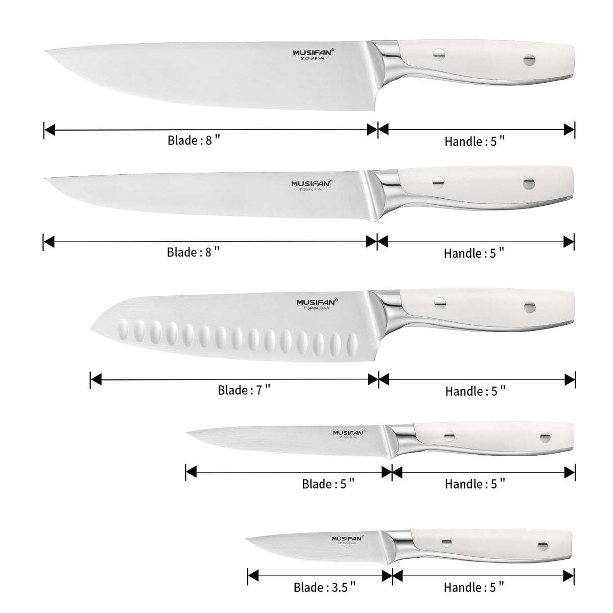 Musifan 5-Piece Chef Knife Set, Professional Ultra Sharp Kitchen Knives For Cooking High Carbon Stainless Steel, With Ergonomic Handle Design (five)