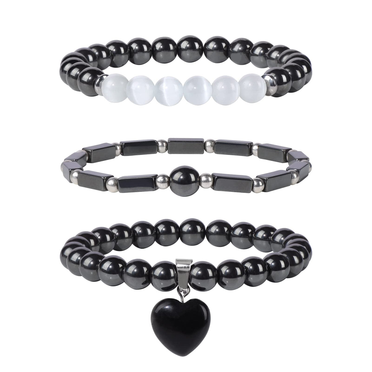 Vinswet Healing Crystal Beaded Bracelets for Women,Natural Hematite Moonstone Gemstones Bracelet,Anxiety Stress Relief Heart Charm Bracelet Handmade Black Jewelry Gifts for Women (3pcs)