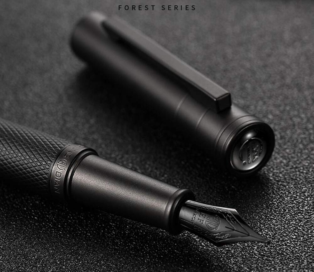 Matte Black Forest Fountain Pen Extra Fine Nib Classic Design with Converter and Metal Pen Box Set by Asvine