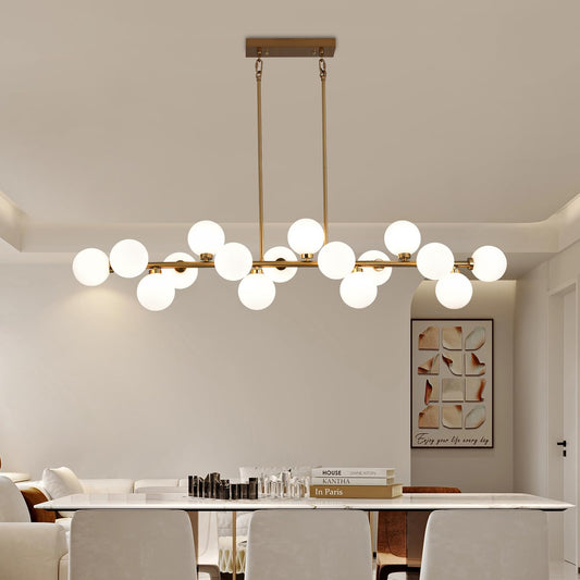Besytal 55" Brass Linear Chandelier, 16 Lights Mid Century Modern Sputnik Chandelier, Large Pendant Lights Kitchen Island with White Glass Lampshade, Bubble Chandelier for Kitchen Over Table - Gold