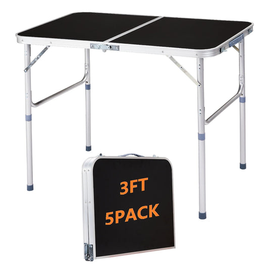 EDWINENE 3 Feet Small Folding Table with Adjustable Height, Lightweight Portable Utility Table for Travel Picnic BBQ Fishing RV Car Tailgate Camping Beach Outdoor Essentials, MDF Tabletop, Black 5Pcs