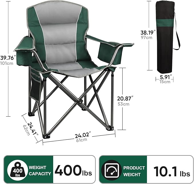 Northroad 2 Pack Oversized Camping Chair, Padded Portable Chairs Heavy Duty Camping Folding Chairs w/Cooler Bag & Cup Holder, Support 400 LBS for Outdoor, Fishing & Garden (Black & Green)