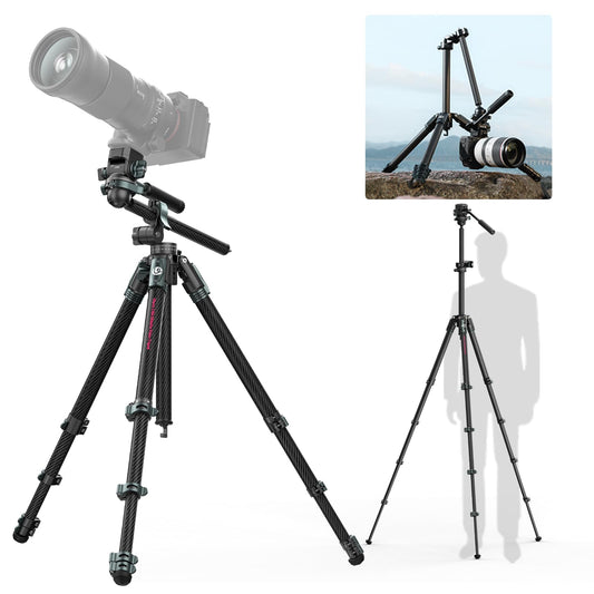 ULANZI JJ06 GlideGo Carbon Fiber Video Tripod, Dual 360° Pan Head, 73.6 inch Max Height, 11 lb Load, UKA Quick Release, Professional Portable Lightweight Travel Tripod with Bag